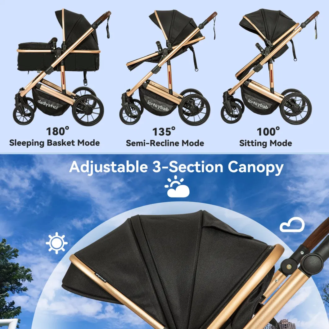 Newborn Reversible Bassinet Pram Adjustable Anti-Shock Toddler Pushchair